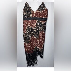 Bardot Eve Asymmetrical Lace Bodycon Dress in black&burgundy S-10 slimming, sexy